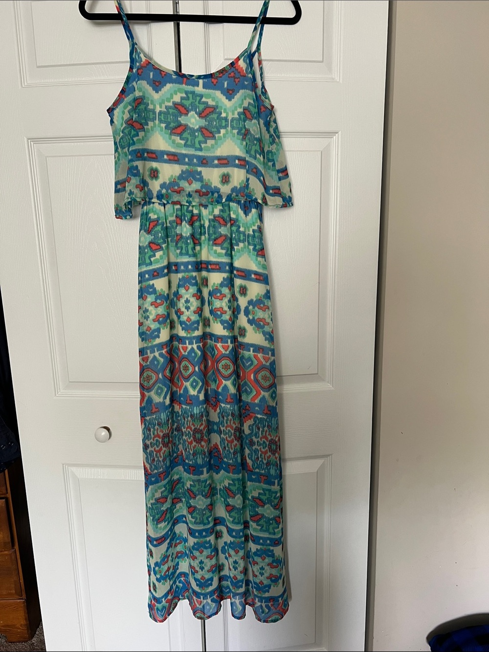 Liberty Love Teal and Aqua Printed Spaghetti-Strap Maxi Dress